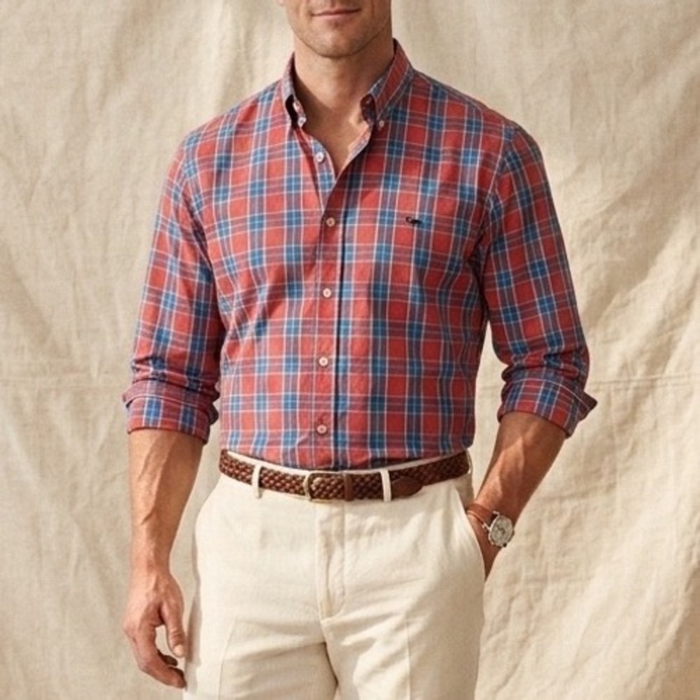 Properly Tied Mens XL Classic Fit Plaid‎ Button Down Shirt Red Blue Cotton Duck